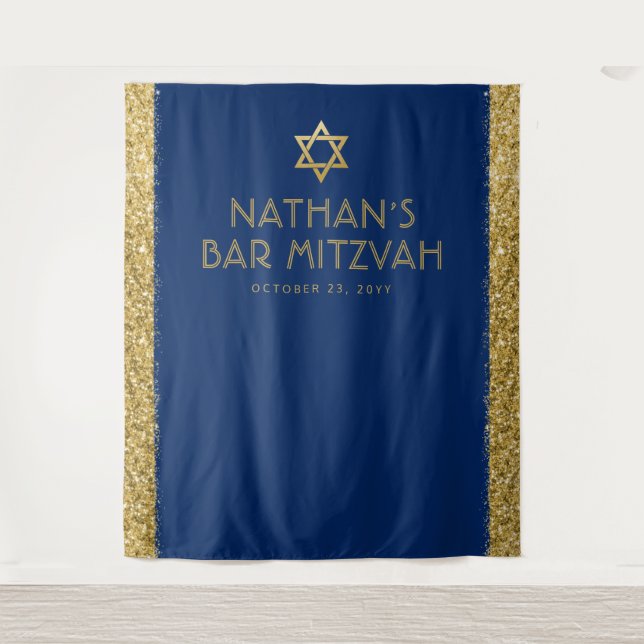 Bar Mitzvah Photo Backdrop Blue Gold (Front)