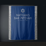 Bar Mitzvah Photo Backdrop Blue Silver<br><div class="desc">Bar Mitzvah Personalized Photo Backdrop Tapestry with navy blue background and silver faux sparkly glitter stripe border edges and gray and silver Star of David at the top. Change the background colors and fonts by clicking "customize further" to design your own.</div>