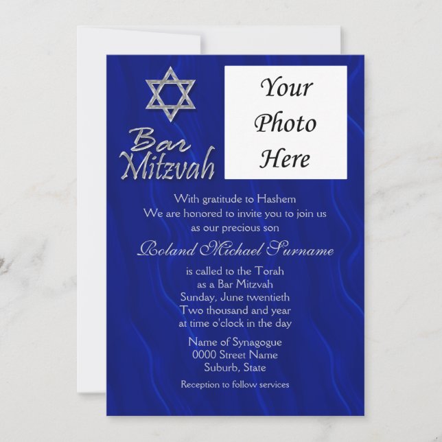 Bar mitzvah photo blue silver invitation (Front)