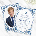 Bar Mitzvah Photo Blue White Vintage Star of David Invitation<br><div class="desc">This elegant bar mitzvah invitation with a vintage air has an ornate frame with elegant baroque decorations. Above the text there is a star of David. The star, the frame and the text are classic blue, the background is white. On the back, it has an oval placeholder photo inside the...</div>