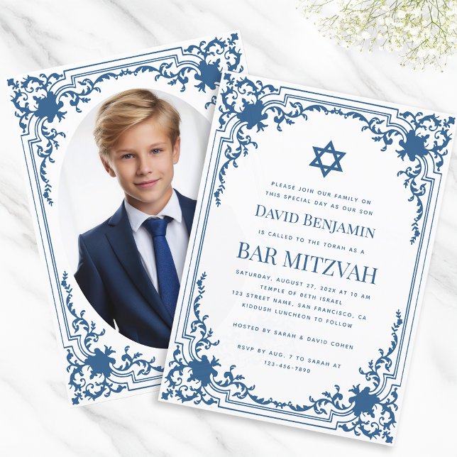 Bar Mitzvah Photo Blue White Vintage Star of David Invitation (Creator Uploaded)
