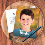 Bar Mitzvah Photo Bold Modern Script Thank You  Postcard<br><div class="desc">Make sure your favorite Bar Mitzvah shows his appreciation to all who supported his milestone event! Send out this this cool, unique, modern, personalized thank you postcard! White script calligraphy and bold serif typography overlay the photo of your choice. A navy blue Star of David, along with your personalized note...</div>