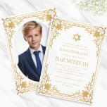 Bar Mitzvah Photo Faux Gold Star Vintage Elegant  Invitation<br><div class="desc">This elegant bar mitzvah invitation with a vintage air has an ornate faux gold foil frame with elegant baroque decorations. Above the text there is a star of David, also in faux gold. All text can be personalized and has a golden color similar to the gold frame. The background is...</div>
