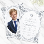 Bar Mitzvah Photo Faux Silver Star Elegant Ornate Invitation<br><div class="desc">This elegant bar mitzvah invitation with a vintage air has an ornate faux silver foil frame with elegant baroque decorations. Above the text there is a star of David, also in faux silver. All text can be personalized and has a gray color similar to the silver frame. The background is...</div>