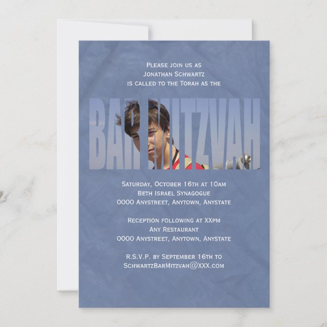 Bar Mitzvah Photo Invitation in Blue (Front)