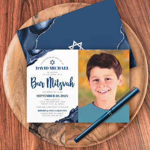 Bar Mitzvah Photo Modern Navy Blue Agate Script Invitation