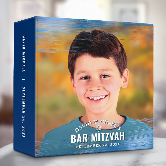 Bar Mitzvah Photo Modern Navy Typography Blue Foil 3 Ring Binder (Creator Uploaded)