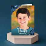 Bar Mitzvah Photo Navy Blue Agate Modern Script  Thank You Card<br><div class="desc">Make sure your favorite Bar Mitzvah shows his appreciation to all who supported his milestone event! Send out this this cool, unique, modern, personalized thank you card! White script typography and navy blue agate rocks accented with faux silver veins overlay the photo of your choice. A navy blue Star of...</div>