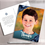 Bar Mitzvah Photo Navy Blue Agate Script Thank You Postcard<br><div class="desc">Make sure your favorite Bar Mitzvah shows his appreciation to all who supported his milestone event! Send out this this cool, unique, modern, personalized thank you postcard! White script typography and navy blue agate rocks accented with faux silver veins overlay the photo of your choice. A navy blue Star of...</div>
