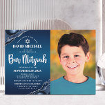 Bar Mitzvah Photo Navy Blue Ombre Agate Script Invitation<br><div class="desc">Be proud, rejoice and showcase this milestone of your favorite Bar Mitzvah! Send out this cool, unique, modern, personalized photo invitation for an event to remember. On the left side, white script, bold typography, and Star of David, along with steel blue agate accented with faux silver veins, overlay a deep...</div>