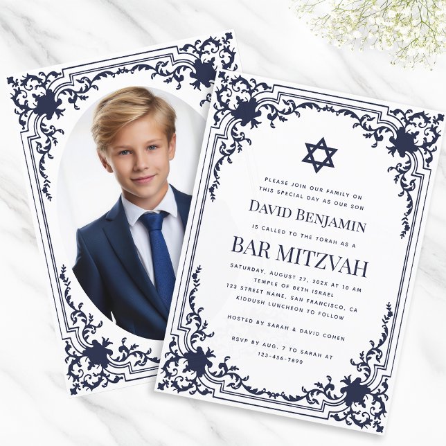 Bar Mitzvah Photo Navy Blue Star Elegant Vintage  Invitation (Creator Uploaded)