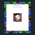 Bar Mitzvah Photo Sign in Board<br><div class="desc">Colorful splattered paint in red,  blue,  green,  purple,  yellow and pink.  Background color can be changed. Change photo to your son's. There are matching invitations,  stamps RSVP cards,  address labels,  table number cards,  water bottle labels and napkins.</div>