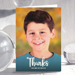 Bar Mitzvah Photo Simple Bold Modern Script Custom Thank You Card<br><div class="desc">Make sure your favorite Bar Mitzvah shows his appreciation to all who supported his milestone event! Send out this this cool, unique, modern, personalized thank you card! White script typography and bold serif typography overlay the photo of your choice. A navy blue Star of David and your personalized note adorn...</div>