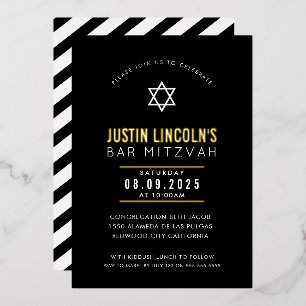 BAR MITZVAH plain star modern minimal black white Foil Invitation