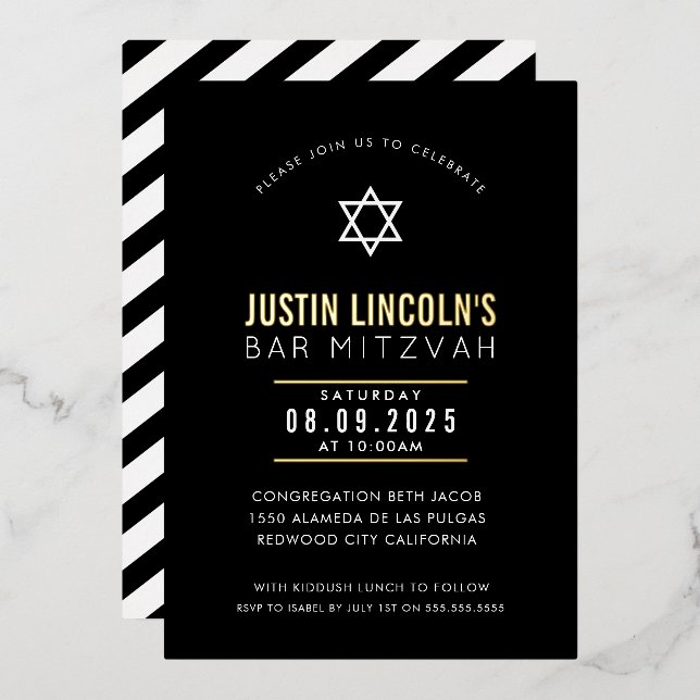 BAR MITZVAH plain star modern minimal black white  Foil Invitation (Front/Back)