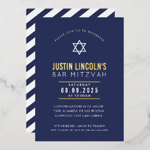 BAR MITZVAH plain star modern minimal navy blue Foil Invitation