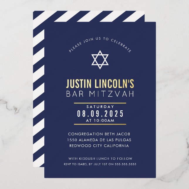 BAR MITZVAH plain star modern minimal navy blue Foil Invitation (Front/Back)