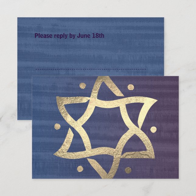 Bar Mitzvah Plum and Blue Wooden Gold Star RSVP (Front/Back)
