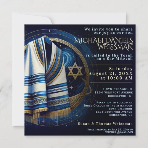 Bar Mitzvah Prayer Shawl Stars Invitation