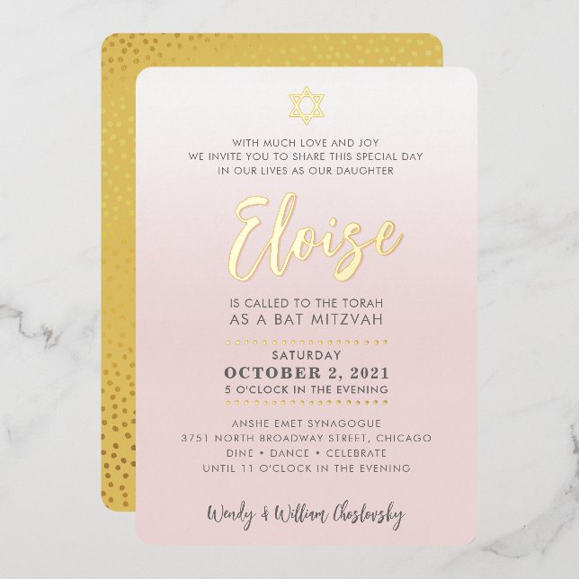 BAR MITZVAH pretty pale pink ombre gold star Foil Invitation (Front/Back)