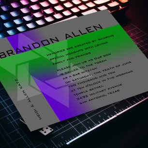 Bar Mitzvah Purple and Green on Any Color Invitation