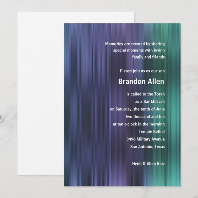 Bar Mitzvah Purple Green Blue Stripes Invitation (Front/Back)
