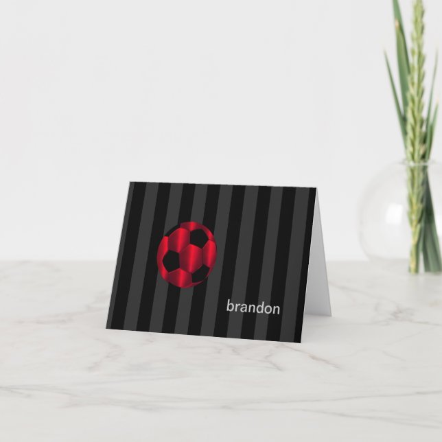 Bar Mitzvah Red and Black Soccer Ball Thank You Card (Front)