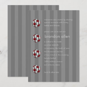 Bar Mitzvah Red and Silver Soccer Ball Invitation