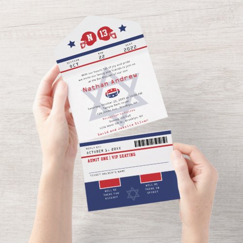 Bar Mitzvah Red Blue Football Sports Ticket All In One Invitation