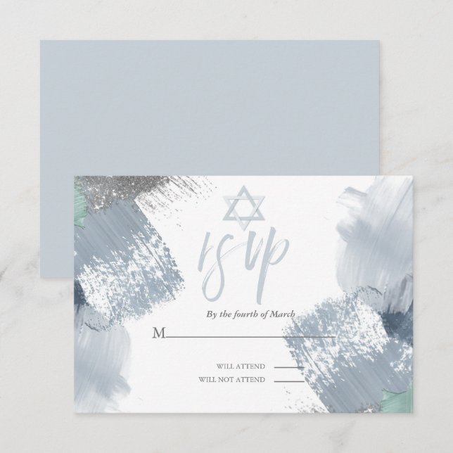 Bar Mitzvah RSVP Dusty Blue Chic Brushstrokes Invitation (Front/Back)