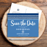 Bar Mitzvah Save Date Blue Silver Tallit Script Invitation Postcard<br><div class="desc">Make sure all your friends and relatives will be able to celebrate your son’s milestone Bar Mitzvah! Send out this cool, unique, modern, personalized “Save the Date” announcement postcard. Bold, white script typography, Star of David and a navy blue and silver glitter striped tallit inspired graphic overlay a simple, cornflower...</div>