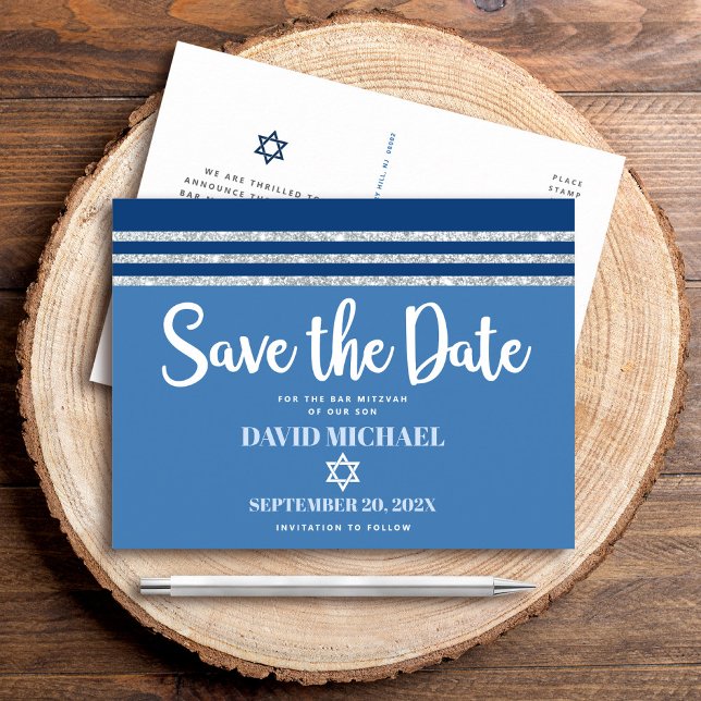 Bar Mitzvah Save Date Blue Silver Tallit Script Invitation Postcard (Creator Uploaded)
