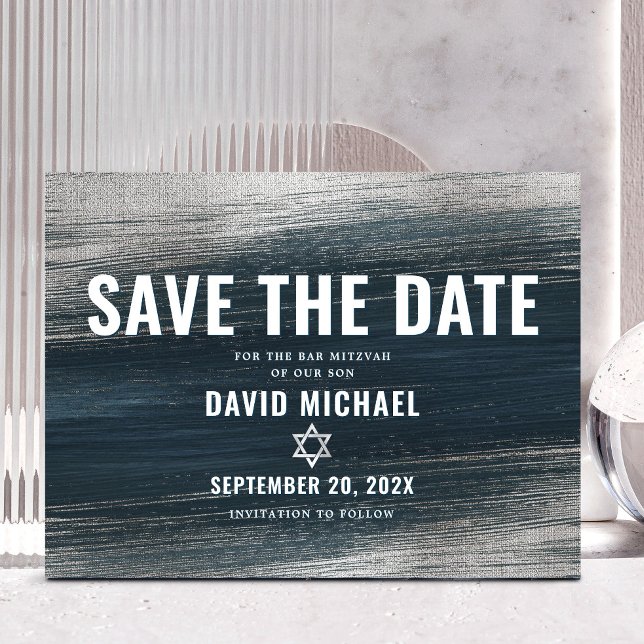 Bar Mitzvah Save Date Charcoal Gray Silver Foil Invitation Postcard (Creator Uploaded)