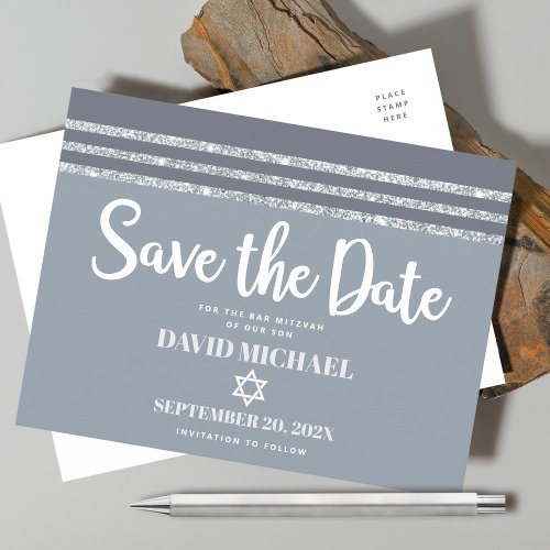 Bar Mitzvah Save Date Gray Silver Tallit Script  Invitation Postcard