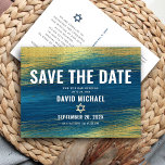 Bar Mitzvah Save Date Modern Turquoise Gold Foil  Invitation Postcard<br><div class="desc">Make sure all your friends and relatives will be able to celebrate your son’s milestone Bar Mitzvah! Send out this cool, unique, modern, personalized “Save the Date” announcement postcard. Faux metallic gold foil brush strokes and Star of David, along with bold, white typography, overlay a rich, turquoise blue ombre paint...</div>