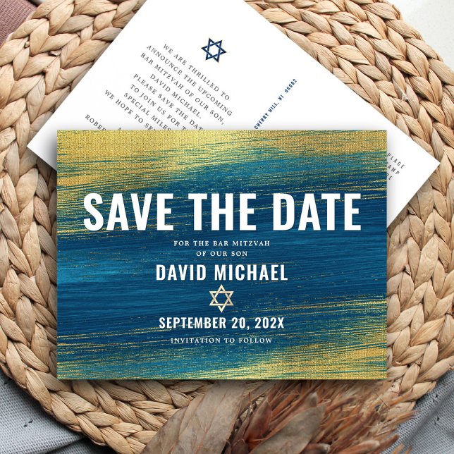 Bar Mitzvah Save Date Modern Turquoise Gold Foil  Invitation Postcard (Creator Uploaded)