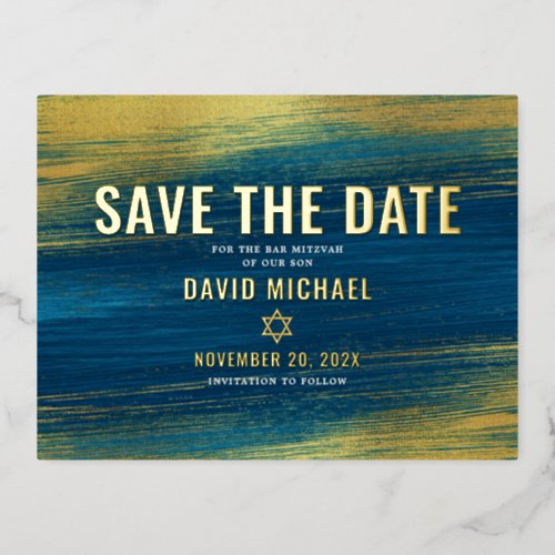 Bar Mitzvah Save Date Modern Turquoise Real Gold Foil Invitation Postcard