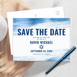 Bar Mitzvah Save Date Navy Typography Blue Foil  Invitation Postcard<br><div class="desc">Make sure all your friends and relatives will be able to celebrate your son’s milestone Bar Mitzvah! Send out this cool, unique, modern, personalized “Save the Date” announcement postcard. Metallic light blue foil brush strokes, along with bold, navy blue typography and Star of David, overlay a simple, white background. Personalize...</div>