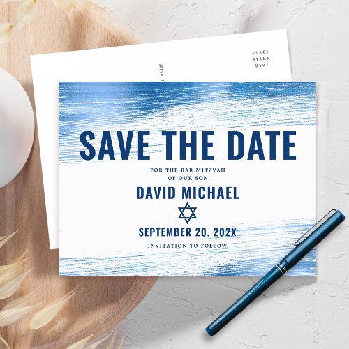 Bar Mitzvah Save Date Navy Typography Blue Foil  Invitation Postcard