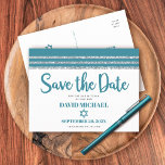 Bar Mitzvah Save Date Teal Silver Tallit Script Invitation Postcard<br><div class="desc">Make sure all your friends and relatives will be able to celebrate your son’s milestone Bar Mitzvah! Send out this cool, unique, modern, personalized “Save the Date” announcement postcard. Bold, dusty teal blue green script typography, Star of David and a dusty teal blue green and silver glitter striped tallit inspired...</div>