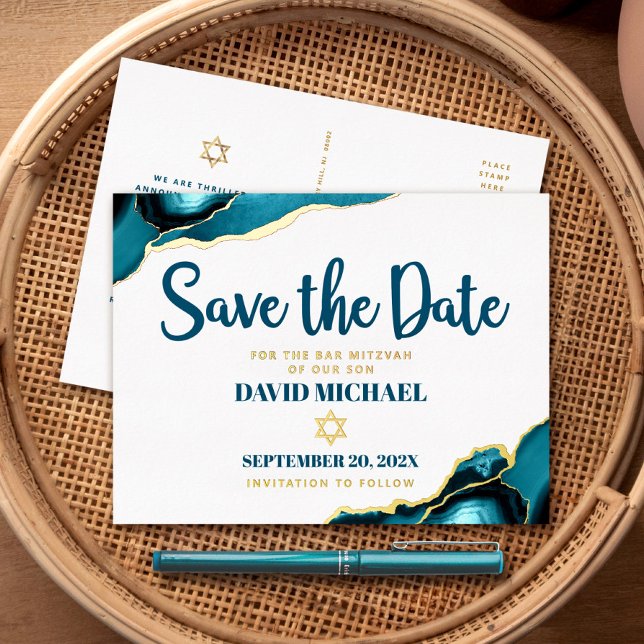Bar Mitzvah Save Date Turquoise Agate Real Gold Foil Invitation Postcard (Creator Uploaded)