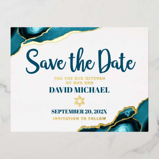 Bar Mitzvah Save Date Turquoise Agate Real Gold Foil Invitation