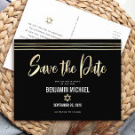 Bar Mitzvah Save the Date Black Gold Foil Script Invitation Postcard<br><div class="desc">Make sure all your friends and relatives will be able to celebrate your son’s milestone Bar Mitzvah! Send out this stunning, modern, “Save the Date” announcement postcard. Graphic faux gold foil calligraphy script, Star of David, and hand drawn tallit lines, overlay a rich, dramatic, black background. Personalize the custom text...</div>