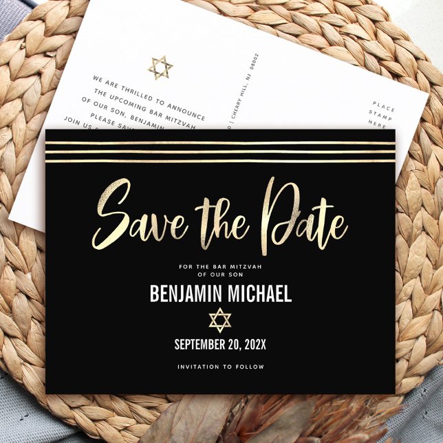 Bar Mitzvah Save the Date Black Gold Foil Script Invitation Postcard (Creator Uploaded)