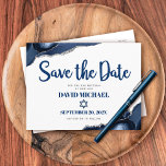 Bar Mitzvah Save the Date Navy Blue Agate Script Invitation Postcard<br><div class="desc">Make sure all your friends and relatives will be able to celebrate your son’s milestone Bar Mitzvah! Send out this cool, unique, modern, personalized “Save the Date” announcement postcard. Navy blue script typography and Star of David overlay a simple, white background with steel blue agate rocks accented with faux silver...</div>