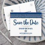 Bar Mitzvah Save the Date Navy Blue Tallit Script  Invitation Postcard<br><div class="desc">Make sure all your friends and relatives will be able to celebrate your son’s milestone Bar Mitzvah! Send out this cool, unique, modern, personalized “Save the Date” announcement postcard. Bold, navy blue script typography, Star of David and a navy blue and silver glitter striped tallit inspired graphic overlay a simple,...</div>