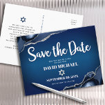 Bar Mitzvah Save the Date Navy Ombre Agate Script  Invitation Postcard<br><div class="desc">Make sure all your friends and relatives will be able to celebrate your son’s milestone Bar Mitzvah! Send out this cool, unique, modern, personalized “Save the Date” announcement postcard. White script typography and Star of David overlay a deep navy blue ombre background with steel blue agate accented with faux silver...</div>