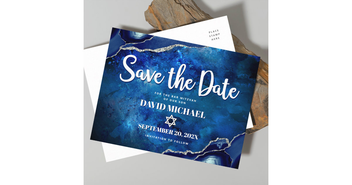 Bar Mitzvah Save the Date Navy Watercolor Agate Invitation Postcard
