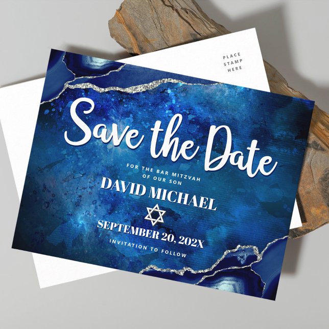 Bar Mitzvah Save the Date Navy Watercolor Agate Invitation Postcard (Creator Uploaded)