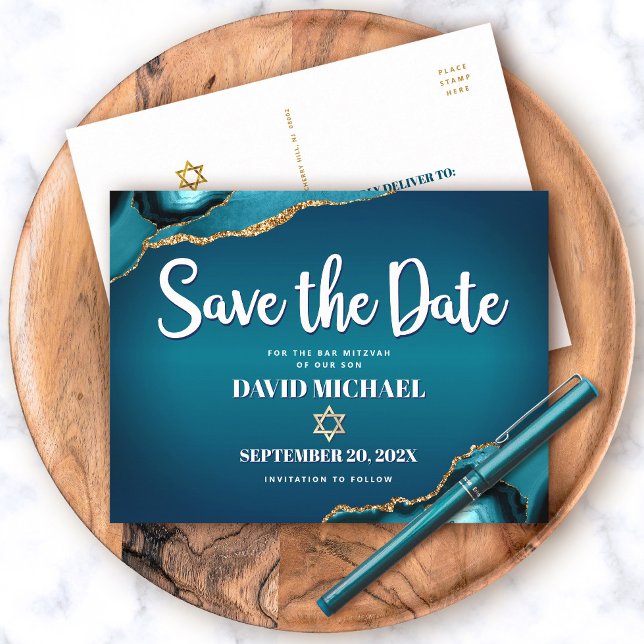 Bar Mitzvah Save the Date Teal Ombre Agate Script Invitation Postcard (Creator Uploaded)